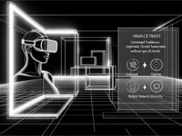 Person trägt ein Standalone-VR-Headset in einem modernen, minimalistisch gestalteten Raum mit virtuellen Overlays und benutzerfreundlichen UI-Elementen sowie Symbolen für starke Performance und Konnektivität.