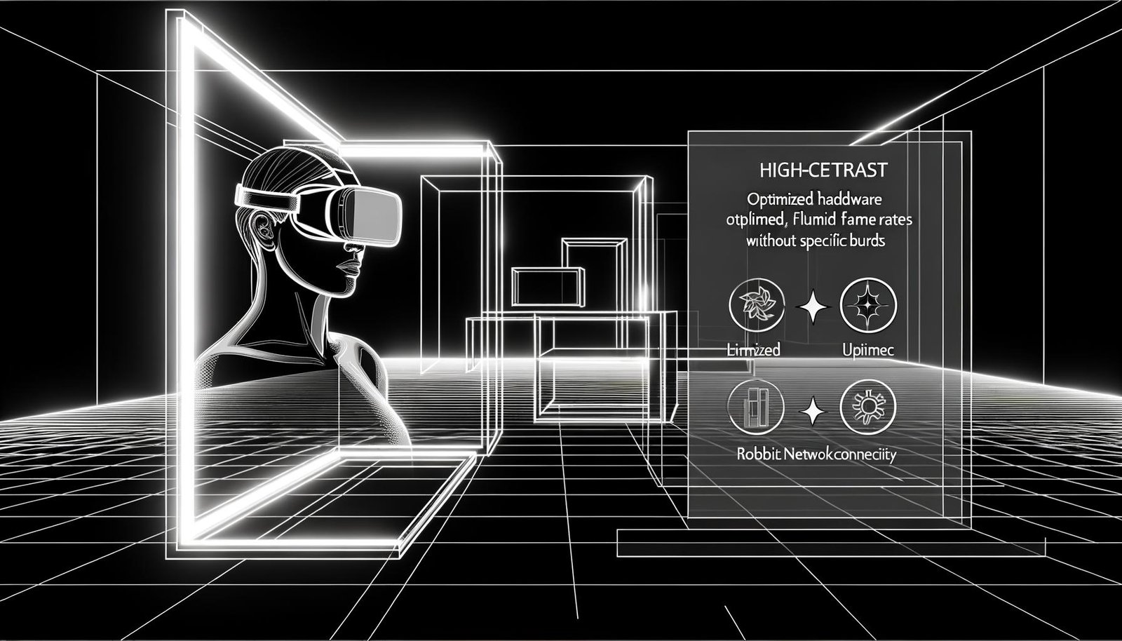 Person trägt ein Standalone-VR-Headset in einem modernen, minimalistisch gestalteten Raum mit virtuellen Overlays und benutzerfreundlichen UI-Elementen sowie Symbolen für starke Performance und Konnektivität.