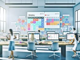 Modernes, lichtdurchflutetes Marketing-Büro mit digitalem Content-Kalender, produktivem Team an Schreibtischen, strategischen Whiteboards und Video-Call Kollegin