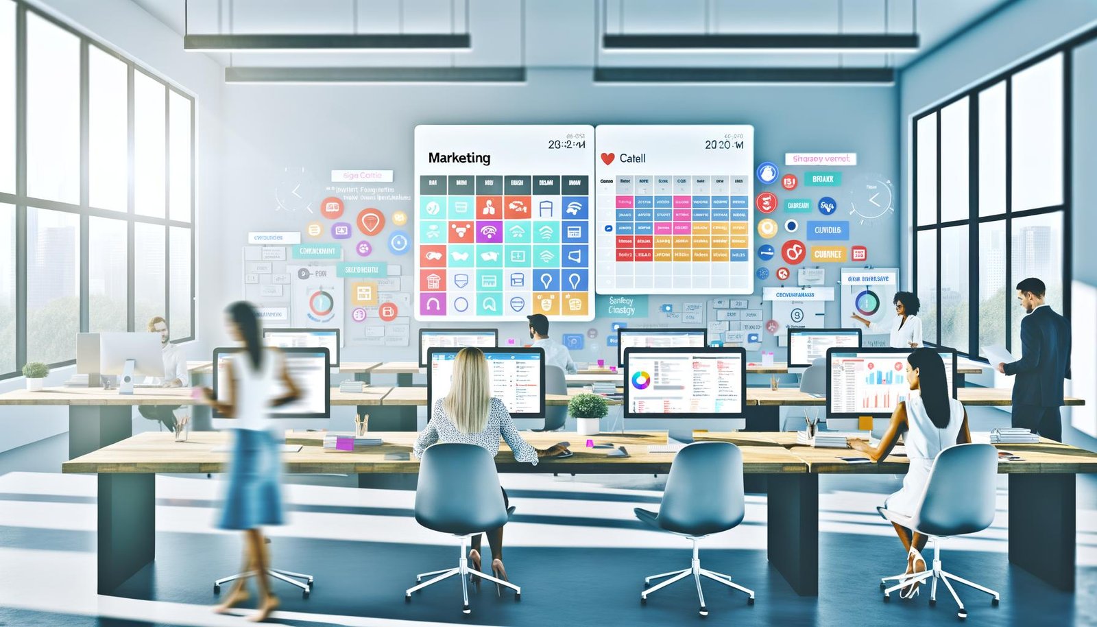 Modernes, lichtdurchflutetes Marketing-Büro mit digitalem Content-Kalender, produktivem Team an Schreibtischen, strategischen Whiteboards und Video-Call Kollegin