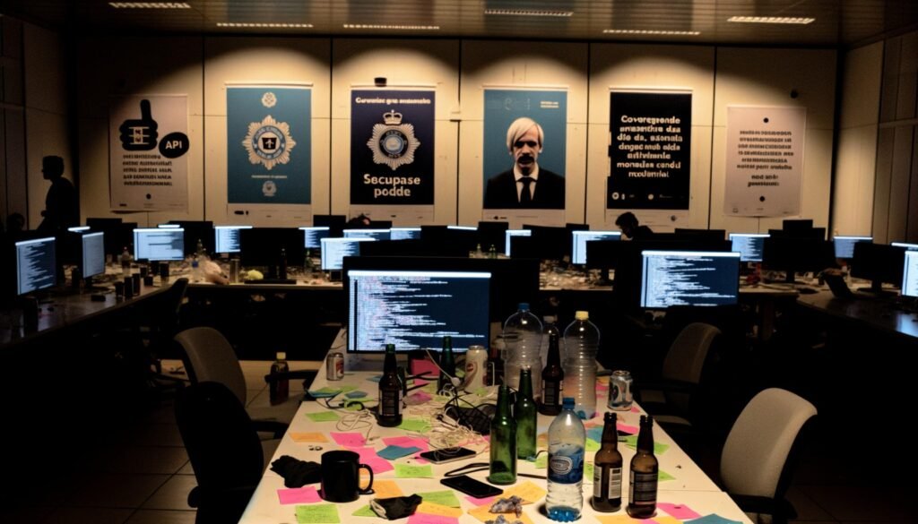 Müde Entwickler und Daten-Nerds in dunklem Konferenzraum vor Monitorwänden mit Code und Behördenlogos, umgeben von Mate-Flaschen, Kaffeebechern und bunten Post-Its mit IT-Buzzwords.