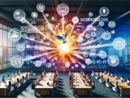 Content-Marketing-Team bei der kreativen Content-Distribution in einem modernen Büro mit gigantischem Bildschirm, von dem aus Inhalte auf verschiedene digitale Kanäle und Endgeräte verteilt werden.