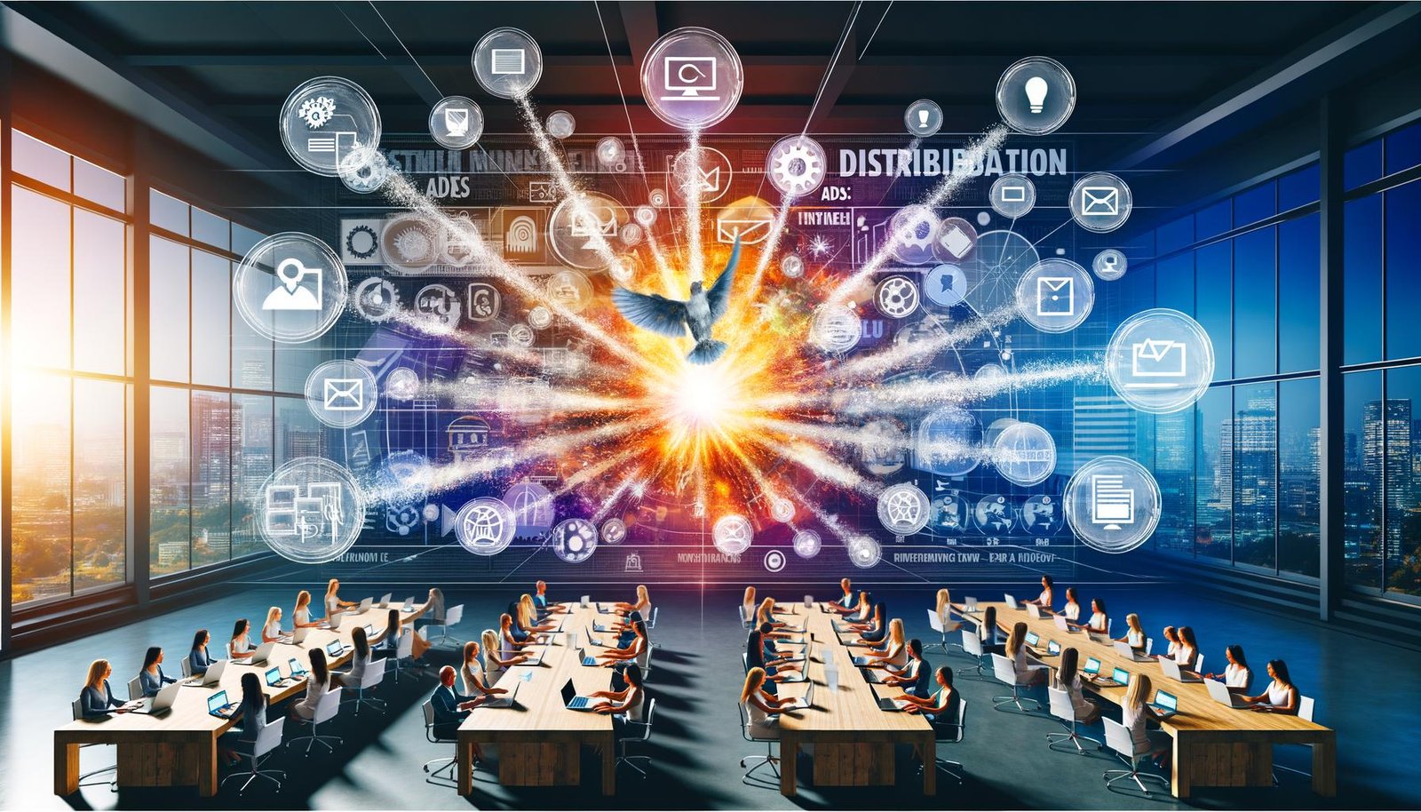 Content-Marketing-Team bei der kreativen Content-Distribution in einem modernen Büro mit gigantischem Bildschirm, von dem aus Inhalte auf verschiedene digitale Kanäle und Endgeräte verteilt werden.