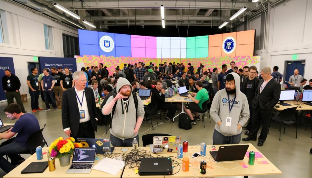 Große Veranstaltungsfläche mit Entwicklern, Designern und Beamten bei einem Hackathon, Teams diskutieren an Laptops und Whiteboards, Moderator und Politiker im Vordergrund, gestresste Teilnehmer und chaotische Notizen sichtbar.