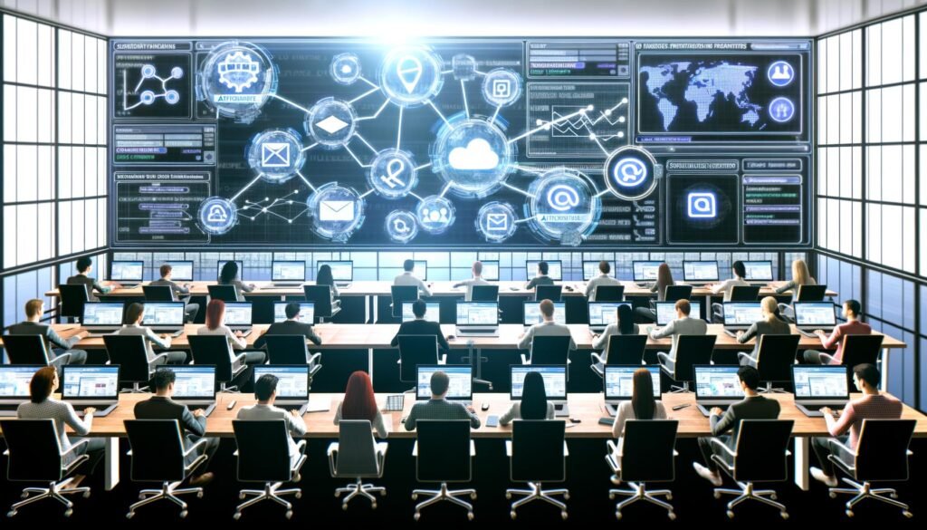 Hochmodernes Büro von oben mit digitalem Automatisierungs-Workflow, vernetzten Social-Media- und Kommunikationskanälen sowie einem arbeitenden Marketing-Team.