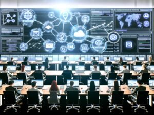 Hochmodernes Büro von oben mit digitalem Automatisierungs-Workflow, vernetzten Social-Media- und Kommunikationskanälen sowie einem arbeitenden Marketing-Team.