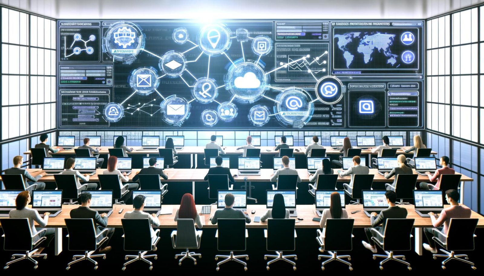 Hochmodernes Büro von oben mit digitalem Automatisierungs-Workflow, vernetzten Social-Media- und Kommunikationskanälen sowie einem arbeitenden Marketing-Team.