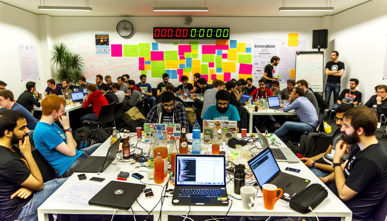 Junge Entwickler:innen und Beamt:innen bei einem kreativen Hackathon, umgeben von Laptops mit buntem Code, Whiteboards, Notizzetteln und Tassen, mit Countdown im Hintergrund