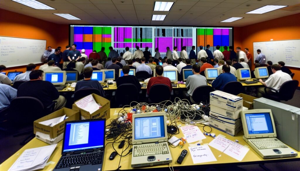 Chaotischer Konferenzraum voller Entwickler und Behördenvertreter vor Laptops, Whiteboards, bunten Diagrammen und mit Notizzetteln beklebten Flipcharts. Kabel, Papierstapel und Passwortzettel verdeutlichen digitale Überforderung.