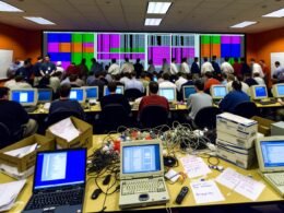 Chaotischer Konferenzraum voller Entwickler und Behördenvertreter vor Laptops, Whiteboards, bunten Diagrammen und mit Notizzetteln beklebten Flipcharts. Kabel, Papierstapel und Passwortzettel verdeutlichen digitale Überforderung.