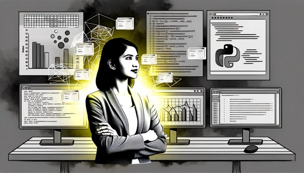 Editorial Illustration eines fokussierten Data Analysts vor mehreren Monitoren, leuchtender Python-Code und farbenfrohe Pandas-Diagramme umgeben ihn, während Excel und SQL in Graustufen zurücktreten.