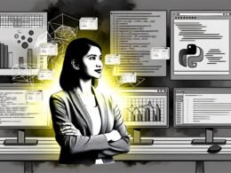 Editorial Illustration eines fokussierten Data Analysts vor mehreren Monitoren, leuchtender Python-Code und farbenfrohe Pandas-Diagramme umgeben ihn, während Excel und SQL in Graustufen zurücktreten.