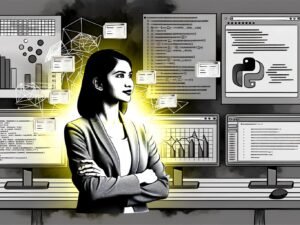 Editorial Illustration eines fokussierten Data Analysts vor mehreren Monitoren, leuchtender Python-Code und farbenfrohe Pandas-Diagramme umgeben ihn, während Excel und SQL in Graustufen zurücktreten.