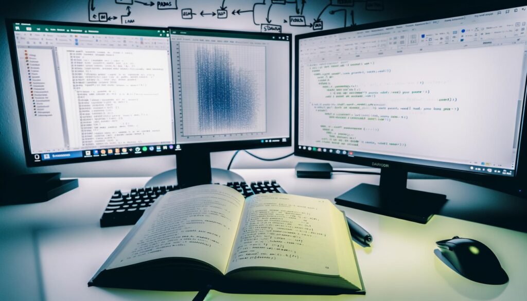 Professioneller Technik-Arbeitsplatz mit mehreren Bildschirmen, Python-Notebook mit Pandas DataFrame, Excel-Tabellen und Python-Buch mit Notizen vor kaltweißem Tageslicht.