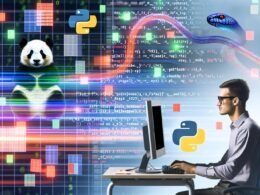 Moderner Datenanalyst tippt Python-Code am PC mit schwebenden Pandas- und Python-Logos, farbigen DataFrames und Series, während Excel-Tabellen im Hintergrund verschwinden.