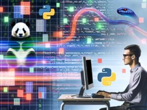 Moderner Datenanalyst tippt Python-Code am PC mit schwebenden Pandas- und Python-Logos, farbigen DataFrames und Series, während Excel-Tabellen im Hintergrund verschwinden.