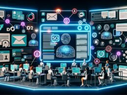 Futuristisches Büro mit Notion-Bildschirm, KI-Workflows, smarten Geräten, API-Verbindungen sowie Redakteuren mit Tablets und Laptops in einem automatisierten Content-Prozess.