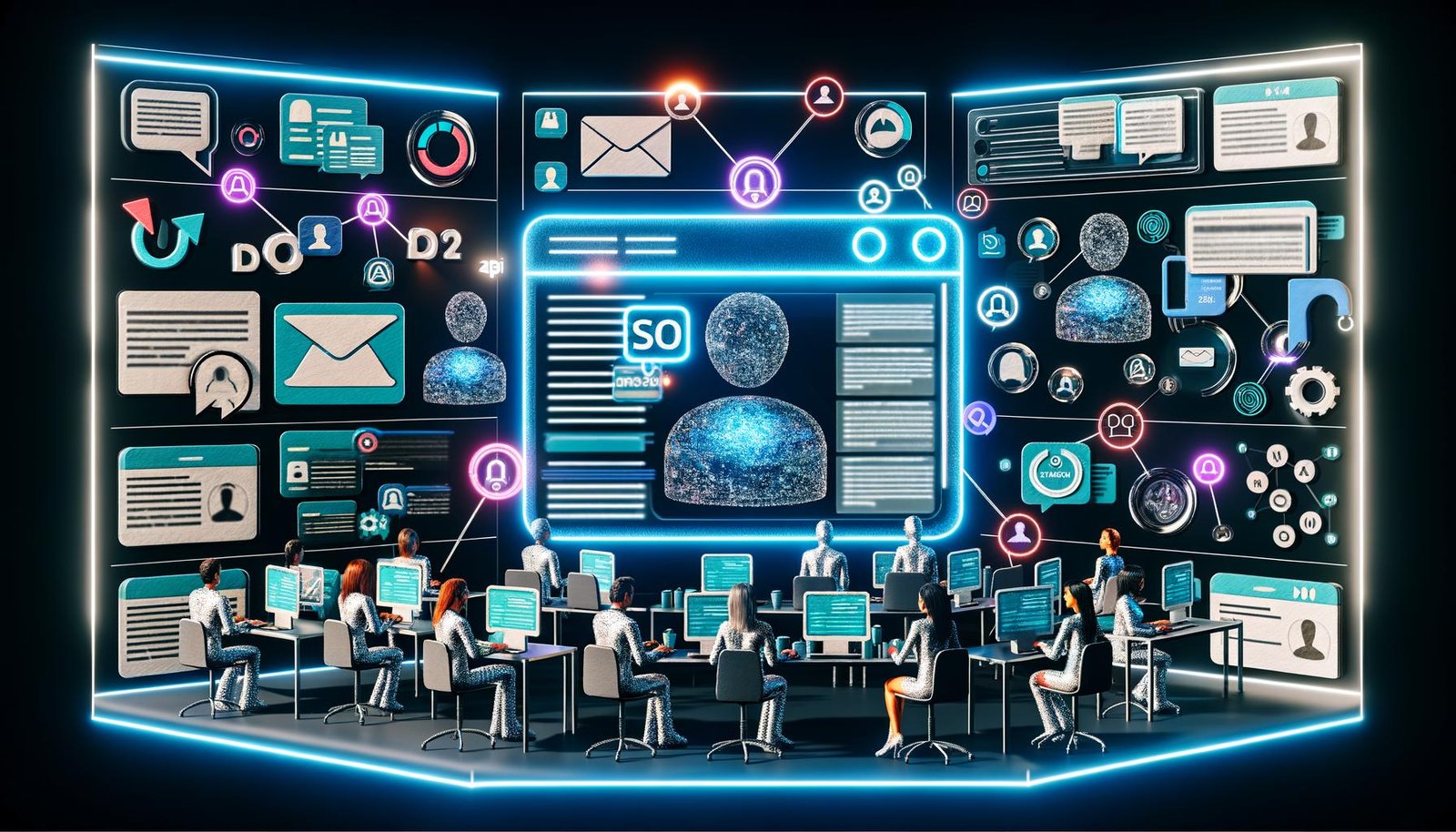 Futuristisches Büro mit Notion-Bildschirm, KI-Workflows, smarten Geräten, API-Verbindungen sowie Redakteuren mit Tablets und Laptops in einem automatisierten Content-Prozess.