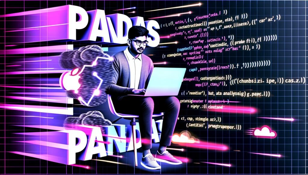 Digitale Illustration einer Data Scientist am Laptop, umgeben von leuchtenden Diagrammen, Pandas-Codefragmenten und blockigem „Pandas“-Schriftzug, gestaltet in schwarz, weiß, pink und elektrisch blau.