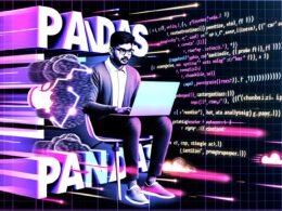 Digitale Illustration einer Data Scientist am Laptop, umgeben von leuchtenden Diagrammen, Pandas-Codefragmenten und blockigem „Pandas“-Schriftzug, gestaltet in schwarz, weiß, pink und elektrisch blau.