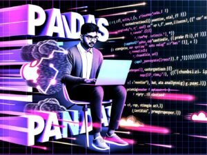 Digitale Illustration einer Data Scientist am Laptop, umgeben von leuchtenden Diagrammen, Pandas-Codefragmenten und blockigem „Pandas“-Schriftzug, gestaltet in schwarz, weiß, pink und elektrisch blau.
