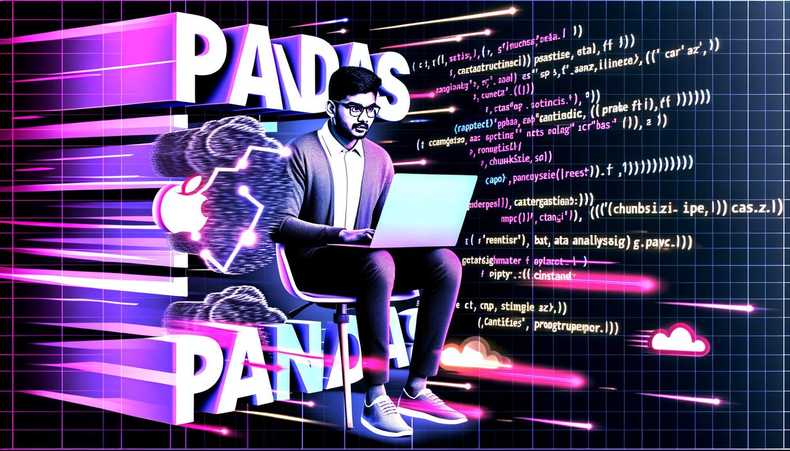 Digitale Illustration einer Data Scientist am Laptop, umgeben von leuchtenden Diagrammen, Pandas-Codefragmenten und blockigem „Pandas“-Schriftzug, gestaltet in schwarz, weiß, pink und elektrisch blau.