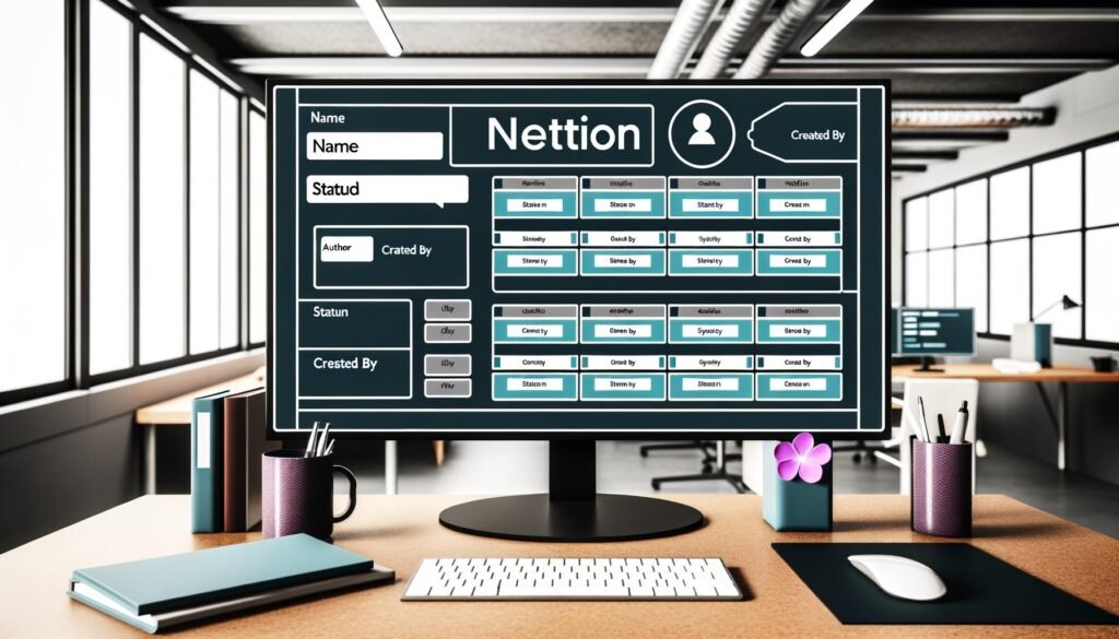 Moderner Schreibtisch mit großem Monitor, auf dem die Notion-Datenbank mit den Feldern „Name“, „Status“ sowie dem hervorgehobenen systemgenerierten Feld „Created By“ zu sehen ist, das Avatare und Nutzer-IDs anzeigt; Hervorhebung des Unterschieds zum Textfeld „Author“.
