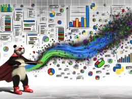 Illustration eines Pandas im Superhelden-Outfit, der einen aus Zahlen, Tabellen und Diagrammen bestehenden Datenfluss in eine geordnete Struktur verwandelt, umgeben von DataFrames, Python-Code und Pipelines.