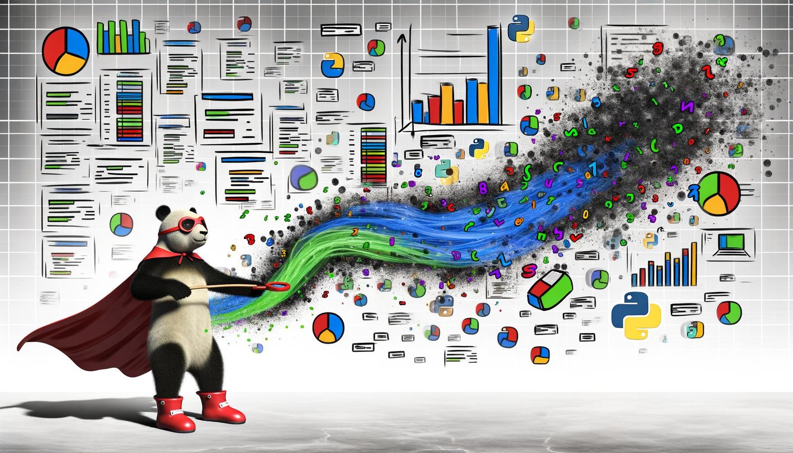 Illustration eines Pandas im Superhelden-Outfit, der einen aus Zahlen, Tabellen und Diagrammen bestehenden Datenfluss in eine geordnete Struktur verwandelt, umgeben von DataFrames, Python-Code und Pipelines.