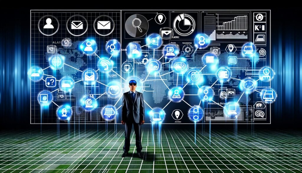 Futuristische Illustration eines Marketers vor einem digitalen Netzwerk mit Website, Social Media, E-Mail und weiteren Kanälen, mit KPI-Diagrammen und 404 Magazine Logo im Hintergrund.