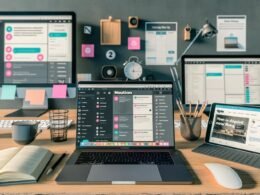 Moderner Arbeitsplatz mit Laptop, auf dem ein strukturierter Notion-Redaktionsplan zu sehen ist, Tablet mit GPT-Chat, Monitoren mit Zapier und Make sowie Notizbuch, Post-its und Kaffeetasse.