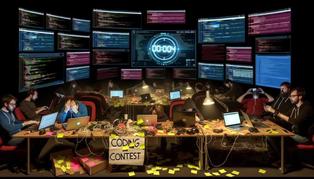 Dunkler Raum mit vielen geöffneten Laptops, überlappende Apps, gestresste Hackerteam-Teilnehmer, chaotische Notizen und ein flackernder Hackathon-Projektor mit Fehlermeldungen