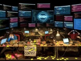 Dunkler Raum mit vielen geöffneten Laptops, überlappende Apps, gestresste Hackerteam-Teilnehmer, chaotische Notizen und ein flackernder Hackathon-Projektor mit Fehlermeldungen