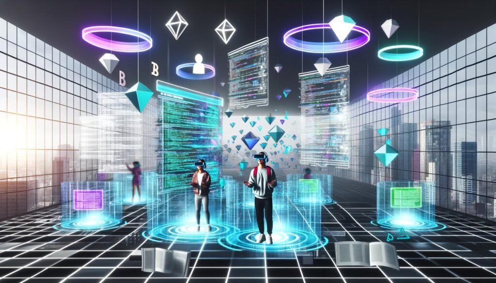 Menschen mit VR-Headsets als Avatare in einem modernen Metaverse-Raum mit schwebenden Notion-Dokumenten, holografischen Menüs, digitalen Grafiken, Blockchain-Elementen und NFTs vor einer futuristischen Skyline.