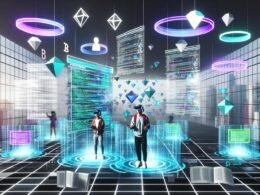 Menschen mit VR-Headsets als Avatare in einem modernen Metaverse-Raum mit schwebenden Notion-Dokumenten, holografischen Menüs, digitalen Grafiken, Blockchain-Elementen und NFTs vor einer futuristischen Skyline.