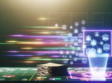 Digitaler Schreibtisch mit stylisiertem Content Distribution Dashboard, verbundenen Social-Media-Kanälen, Echtzeit-Graphen, Datenströmen und Content-Dokumenten im Hintergrund.