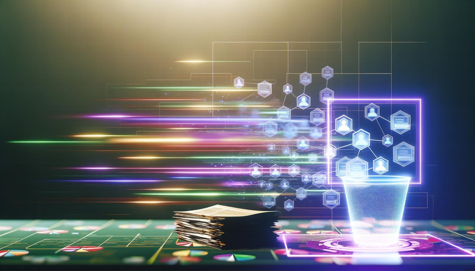 Digitaler Schreibtisch mit stylisiertem Content Distribution Dashboard, verbundenen Social-Media-Kanälen, Echtzeit-Graphen, Datenströmen und Content-Dokumenten im Hintergrund.