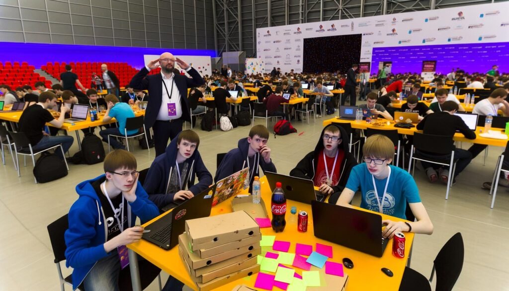 Mehrere junge Entwicklerinnen und Entwickler in T-Shirts und Hoodies sitzen an langen Tischen mit Laptops, überall bunte Post-its, leere Pizzakartons und Energydrinks. Im Hintergrund Banner mit Aufschriften wie ‚Innovation‘ und ‚Open Data‘. Einige Politiker posieren für Selfies, andere Teilnehmer wirken genervt.