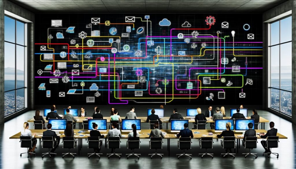 Modernes, papierloses Büro mit zentralem Notion-Dashboard, das Datenflüsse zu Apps wie LinkedIn, Mailchimp, Slack, HubSpot und Shopify sendet; Team arbeitet an Laptops und Tablets.