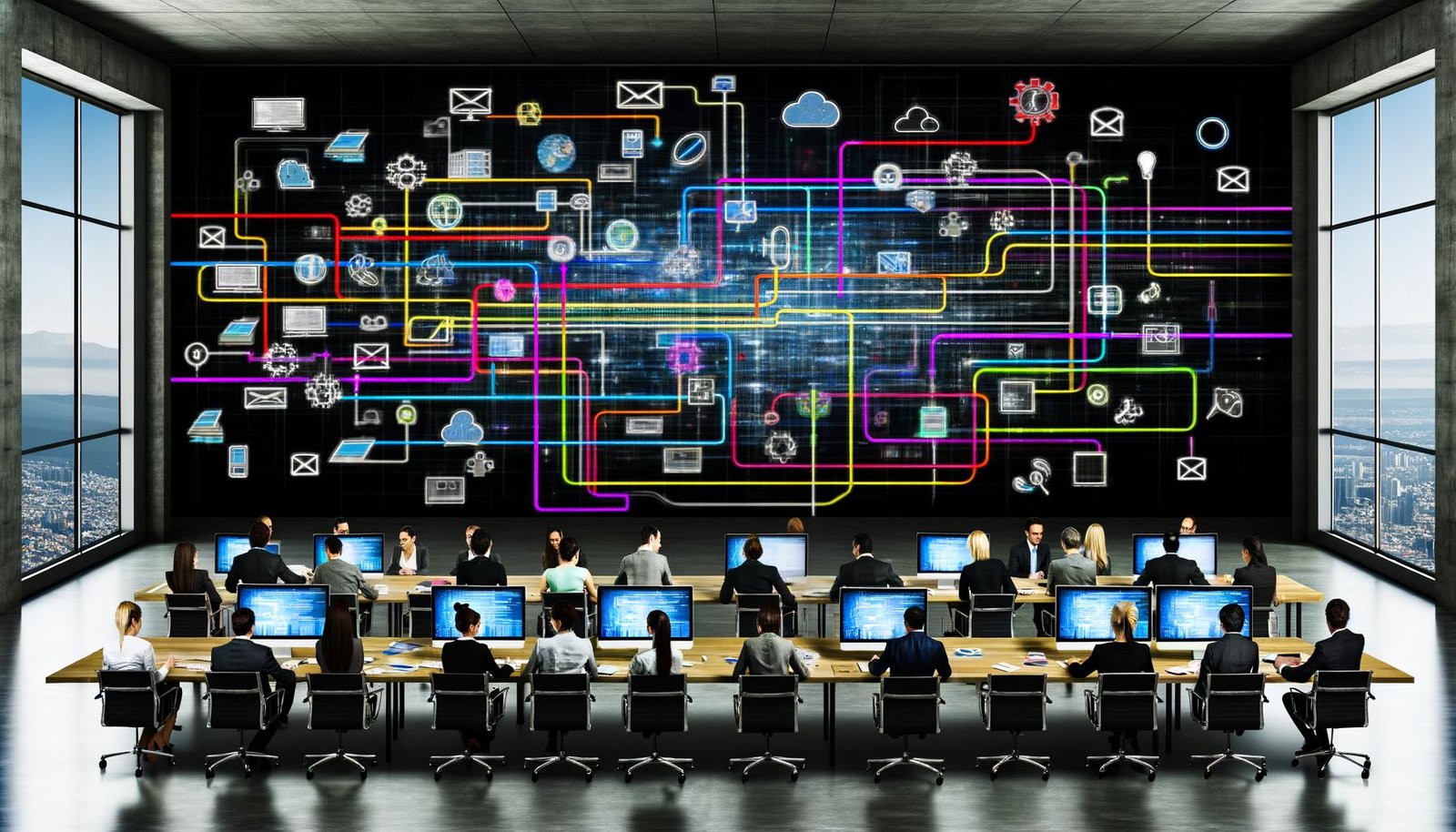 Modernes, papierloses Büro mit zentralem Notion-Dashboard, das Datenflüsse zu Apps wie LinkedIn, Mailchimp, Slack, HubSpot und Shopify sendet; Team arbeitet an Laptops und Tablets.
