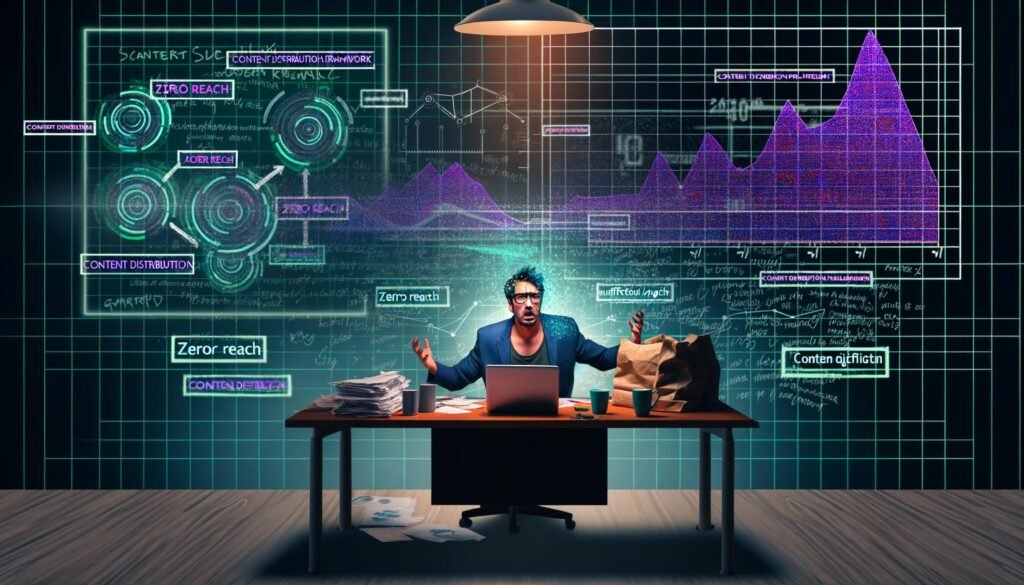 Frustrierter Content Creator an chaotischem Schreibtisch mit Null-Reichweite-Grafiken am Bildschirm, während ein Spotlight auf den Content-Distribution-Blueprint fällt.