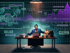 Frustrierter Content Creator an chaotischem Schreibtisch mit Null-Reichweite-Grafiken am Bildschirm, während ein Spotlight auf den Content-Distribution-Blueprint fällt.