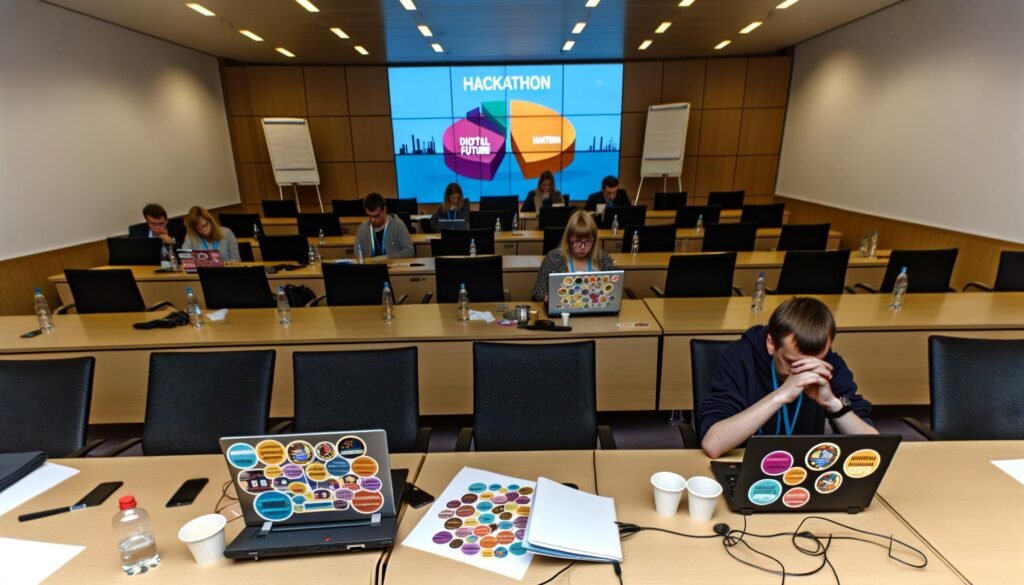 Konferenzraum mit anonymer Möblierung, digitaler PowerPoint-Präsentation voller Diagramme und Buzzwords, müde Teilnehmer an Tischen mit Laptops, Smartphones, Kaffeebechern und Hackathon-Stickern.