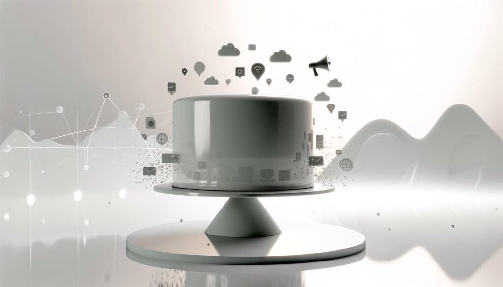 Moderne Illustration einer glänzenden, halbtransparenten Torte mit fließenden Datenströmen und Social-Media-Icons, platziert auf einem leeren Podest vor digitalem Nebel und fernen Social-Netzwerk-Silhouetten