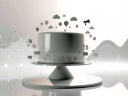 Moderne Illustration einer glänzenden, halbtransparenten Torte mit fließenden Datenströmen und Social-Media-Icons, platziert auf einem leeren Podest vor digitalem Nebel und fernen Social-Netzwerk-Silhouetten