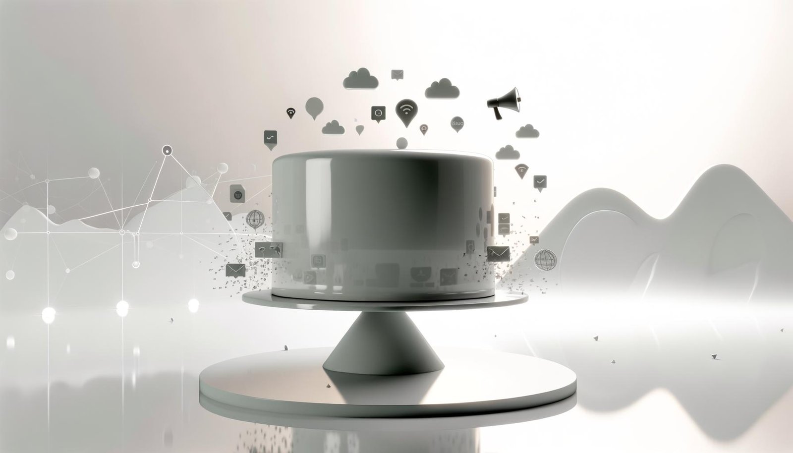 Moderne Illustration einer glänzenden, halbtransparenten Torte mit fließenden Datenströmen und Social-Media-Icons, platziert auf einem leeren Podest vor digitalem Nebel und fernen Social-Netzwerk-Silhouetten