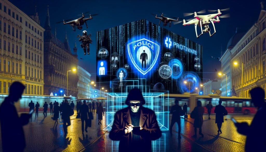 Futuristische europäische Stadt bei Nacht mit digitalen Werbetafeln, Überwachungssymbolen, Drohnen und Bürgern, die durch leuchtende Netzwerke verbunden sind. Im Vordergrund reflektierende Glasscheibe mit Binärcode.