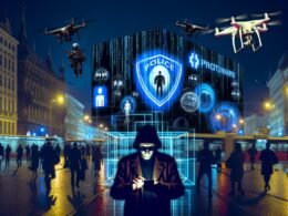 Futuristische europäische Stadt bei Nacht mit digitalen Werbetafeln, Überwachungssymbolen, Drohnen und Bürgern, die durch leuchtende Netzwerke verbunden sind. Im Vordergrund reflektierende Glasscheibe mit Binärcode.