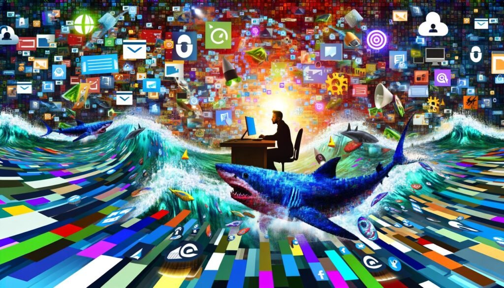 Bunte digitale Collage mit Content Creator im Zentrum, umgeben von Blogposts, Social Media Icons und Haifischflossen in einem chaotischen Meer digitaler Inhalte.