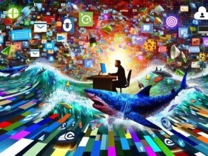 Bunte digitale Collage mit Content Creator im Zentrum, umgeben von Blogposts, Social Media Icons und Haifischflossen in einem chaotischen Meer digitaler Inhalte.